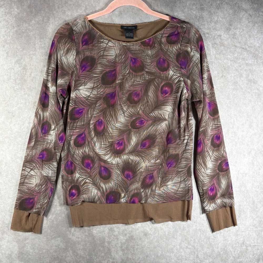 The Limited Top Women L Brown Peacock Feather Mesh Long Sleeve Y2K Boho Festival
